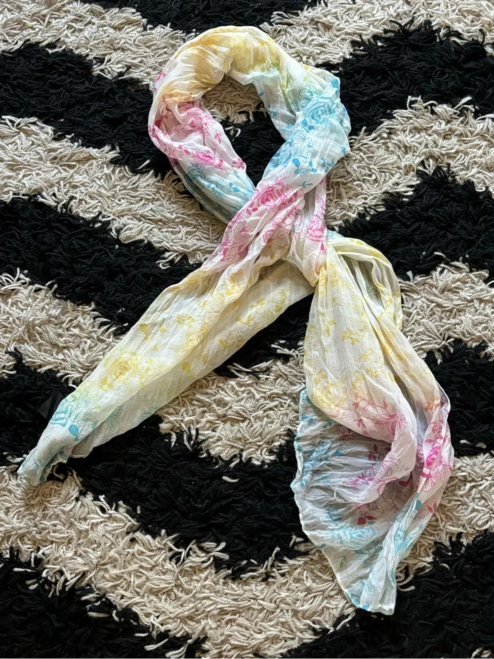 Preppy Multicolor Rose Print Rainbow White Semi Sheer Scarf